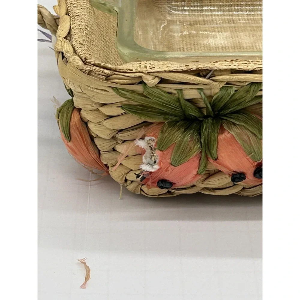 VTG Raffia Casserole Dish Carrier Basket Set of 2 with Anchor Hocking Glass Dish